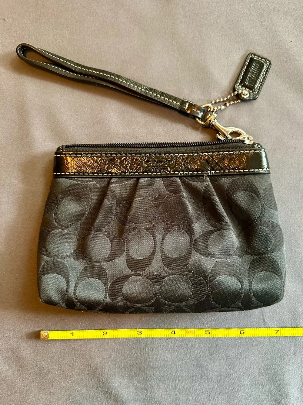 Coach Black Signature Wristlet with Gloss Trim